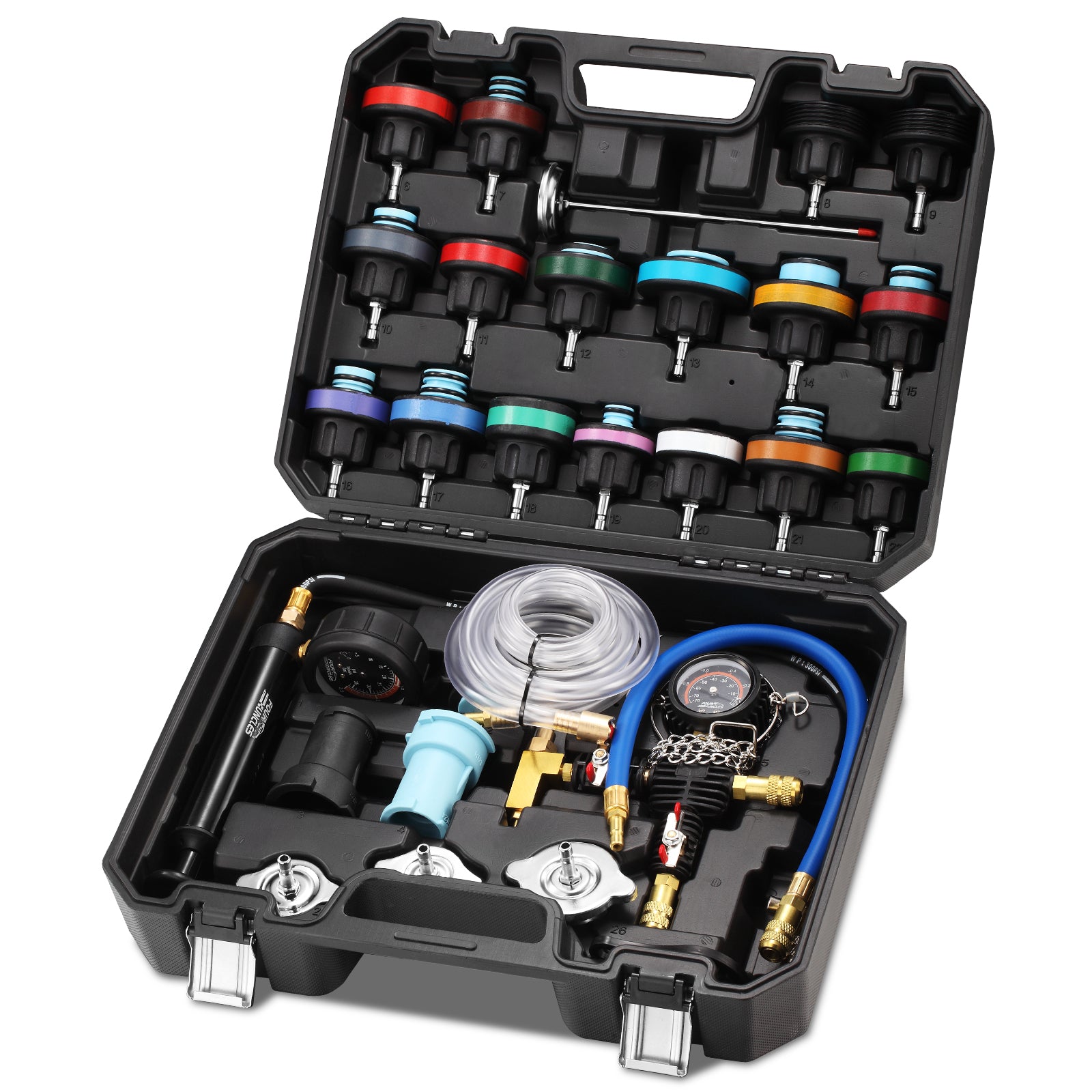 FOUR UNCLES Radiator & Coolant Pressure Tester and Vacuum Refill Kit - 28-Piece Universal Cooling System Leak Tester and Refiller for Cars Motorcycles Trucks (Black)