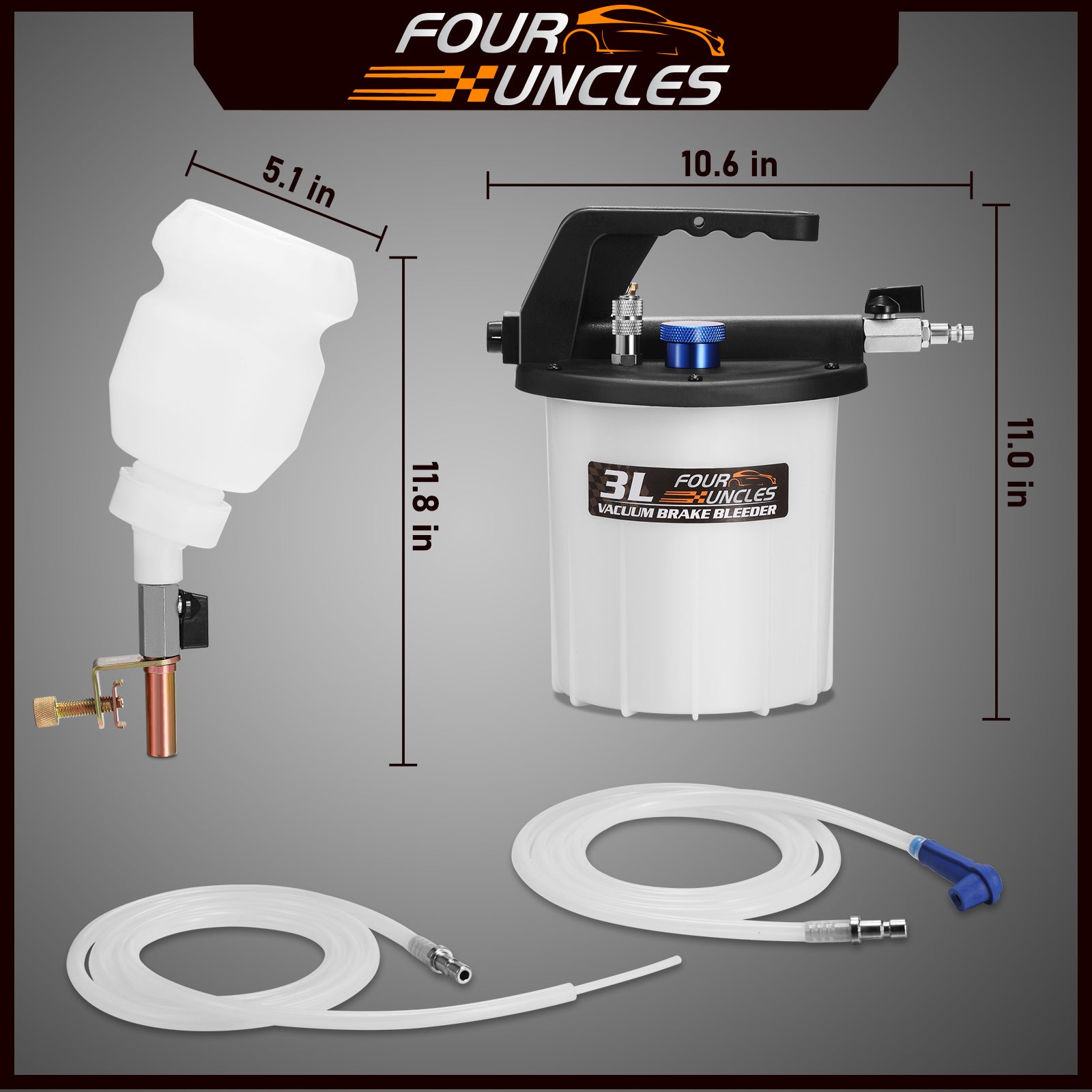 FOUR UNCLES 3L Brake Bleeder Vacuum Pump Kit - Pneumatic Brake Fluid Extractor with 1L Refilling Bottle & Adapters for Automotive Bleeding, One-Person Operation